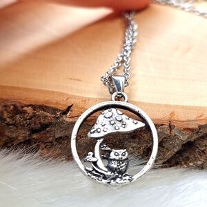 Owl & Mushroom Circle Silvery Necklace Pendant (new in package)